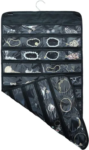 Organizador colgante de doble cara para joyas, soporte para herramientas pequeñas con 80 bolsillos transparentes (negro)