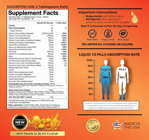 Miniatura 2 de Mega Premium Multivitamínico líquido Vitamina natural de apoyo inmunológico con 1333% de vitamina C, 200% D3, zinc + 20 vitaminas, 70 minerales