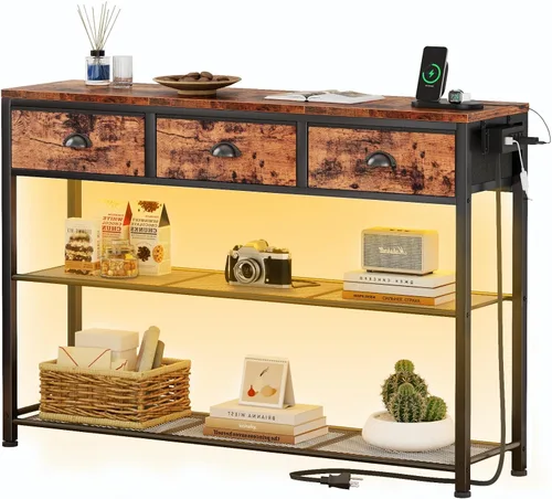 Furologee - Mesa de consola con estación de carga y 3 cajones de tela, mesa de entrada de 38 pulgadas con estantes de almacenamiento y luz LED para