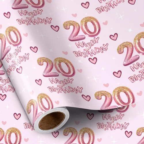 Miniatura 10 de RUSPEPA Papel de regalo de cumpleaños número 15 para niña, corazones y globos rosas del número 15, diseño de feliz cumpleaños, 15 años, mini rollo