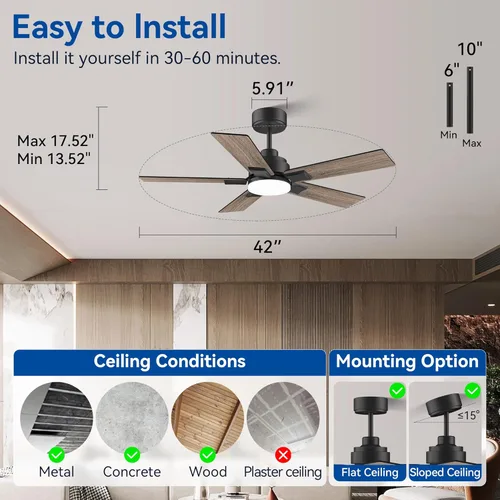 Miniatura 6 de Hoenofly Ventilador de techo inteligente de 42 pulgadas con control remoto de luces, control por aplicación y voz Alexa WIFI, motor CC reversible