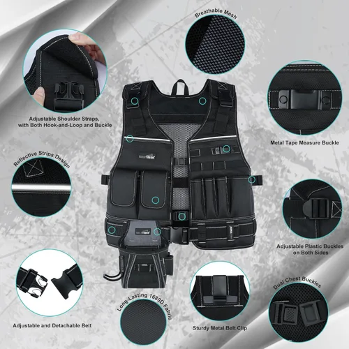 Miniatura 2 de MELOTOUGH Chaleco de herramientas para hombre con bolsillos y cinturón, chaleco de seguridad ajustable de múltiples bolsillos para electricista