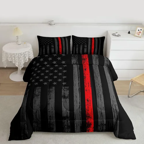Miniatura 2 de Erosebridal - Juego de edredón con bandera americana tamaño king, juego de ropa de cama negro gris rojo con líneas de bandera, ropa de cama