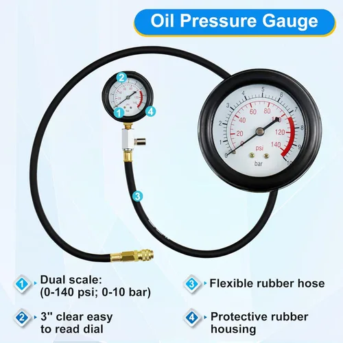 Miniatura 4 de JoyFans Herramienta probadora de presión de aceite, kit de medidor de presión de aceite de 0-140PSI para sistema de combustible, sensor mecánico