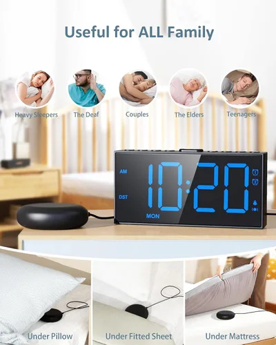 Miniatura 7 de Reloj despertador fuerte para adultos que duermen profundamente, con vibración para la cama y 2 alarmas para todos los días/días laborables/fin
