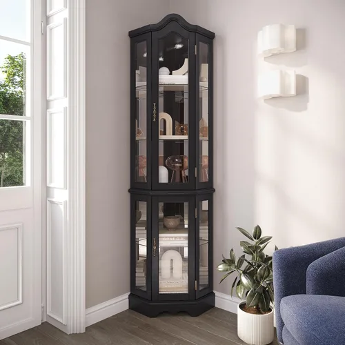 BELLEZE Gabinete Curio iluminado de vidrio de 3 lados con puertas y estantes de vidrio templado, gabinete esquinero de madera curva con bombilla,