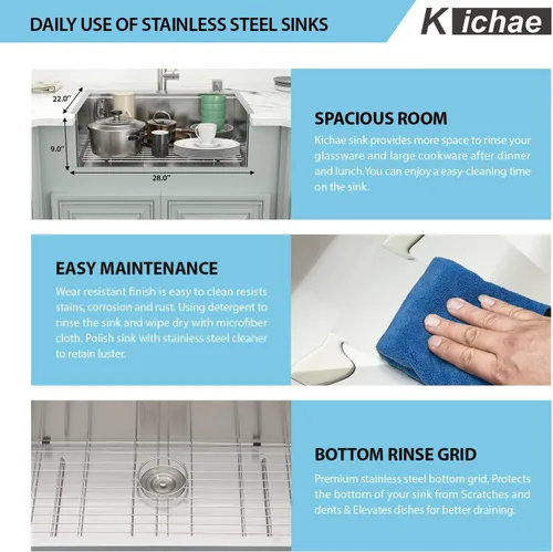 Miniatura 5 de Kichae Fregadero de Cocina de 28 Pulgadas para Empotrar - Estación de Trabajo de Fregadero Empotrado de 28x22 Pulgadas de Acero Inoxidable de Un
