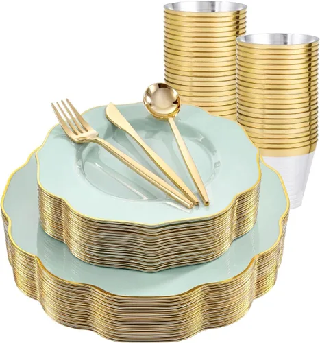 Miniatura 11 de bUCLA 180 piezas platos de plástico azul - azul marino y borde dorado desechables incluye 30 de cada uno (cena y postre) platos, 30 cuchillos, 30