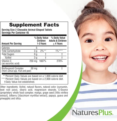 Miniatura 5 de NaturesPlus Animal Parade Vitamina C para niños sin azúcar, sabor a jugo de naranja natural, 90 tabletas masticables en forma de animales, apoyo