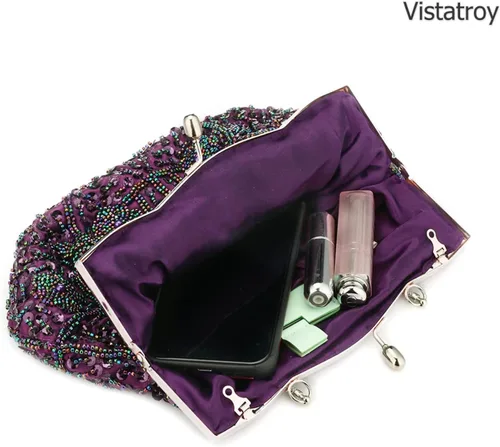 Miniatura 18 de Bolso de noche de diseñador floral con cuentas de lentejuelas diseño vintage besos cerradura satén embrague bolso bolso de mano de boda fiesta