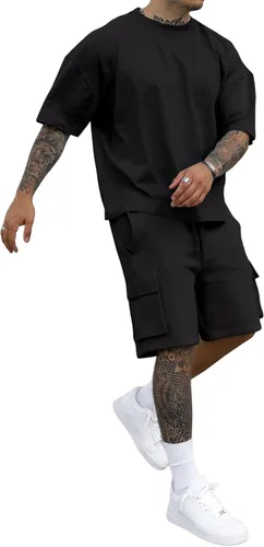 Aulemen Conjunto de camisa de 2 piezas para hombre, casual, manga corta, trajes deportivos de verano para hombre con bolsillo tipo cargo