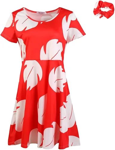 Vestido de cosplay para mujer, vestido rojo de manga corta hasta la rodilla, vestido de fiesta de noche, vestido rojo lilo, Rojo -