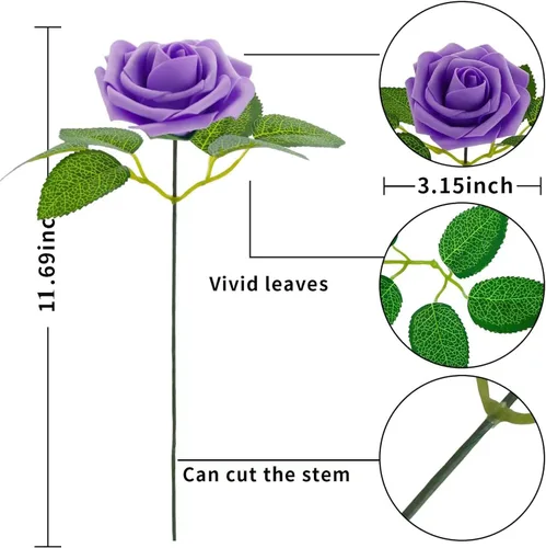 Miniatura 2 de 25 rosas artificiales de color púrpura con tallo largo, de espuma falsa con sensación real, para decoración, ramos de boda, centros de mesa, ducha