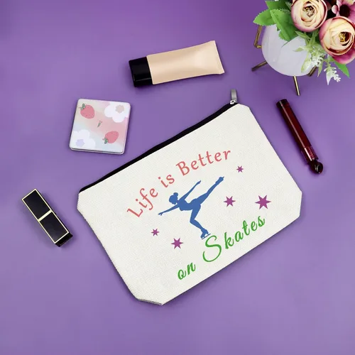 Miniatura 7 de Regalos de patinadora para mujeres, regalos de patinadora sobre hielo para niñas, bolsa de maquillaje y cosméticos, 3 piezas beige