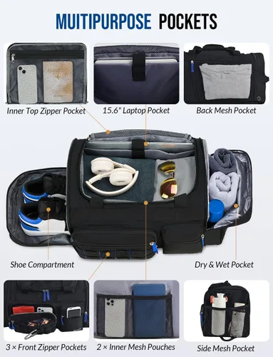Miniatura 3 de Bolsa de gimnasio con compartimento para zapatos, bolsa de viaje deportiva 3 en 1, mochila de viaje para fin de semana con bolsillo húmedo, Negro