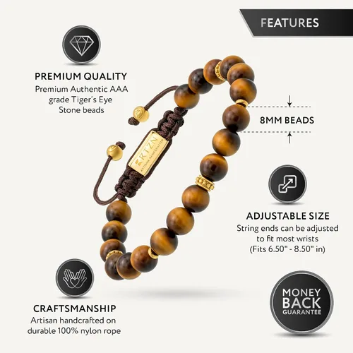 Miniatura 3 de RTZN Pulsera de ojo de tigre para hombre Pulseras artesanales de primera calidad hechas a mano 100% auténticas con cuentas de ojo de tigre dorado