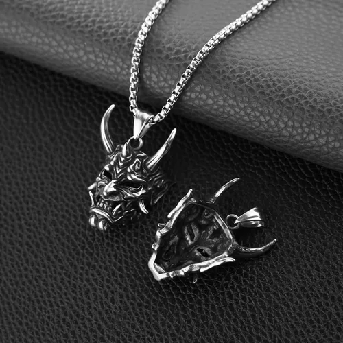 Miniatura 4 de HZMAN Collar gótico para hombre, máscara de Prajna, acero inoxidable, plata, malvado, demonio, fantasma, cuerno, calavera, colgante, Metal, No es