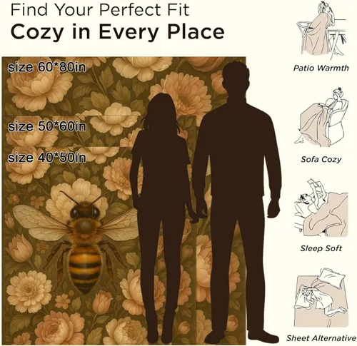 Miniatura 3 de Manta de abeja, regalos para niños y niñas, vintage, abejas y peonías florales para jardín, manta cálida y suave de franela para viajes, sofá
