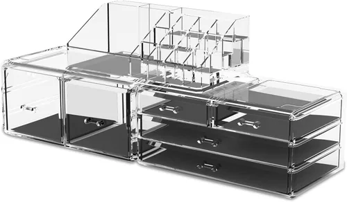 Miniatura 6 de READAEER Organizador de maquillaje, 3 piezas, estuche de almacenamiento de cosméticos con 6 cajones (transparente)