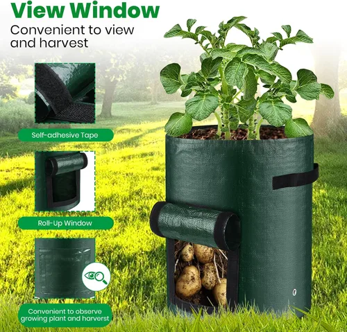Miniatura 6 de Juego de 3 bolsas de cultivo de 10 galones, macetas de tela de polietileno resistentes con solapa y asas, bolsas de plantación verdes para papas