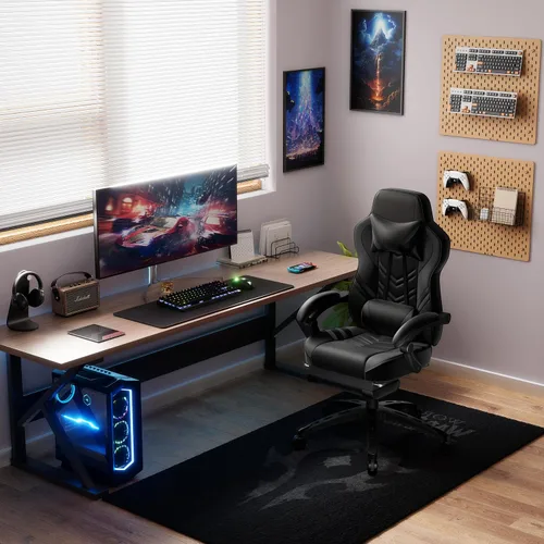 Miniatura 2 de POWERSTONE Silla de videojuegos con reposapiés y soporte lumbar, estilo carreras, piel sintética, ergonómica, ajustable, giratoria, color negro