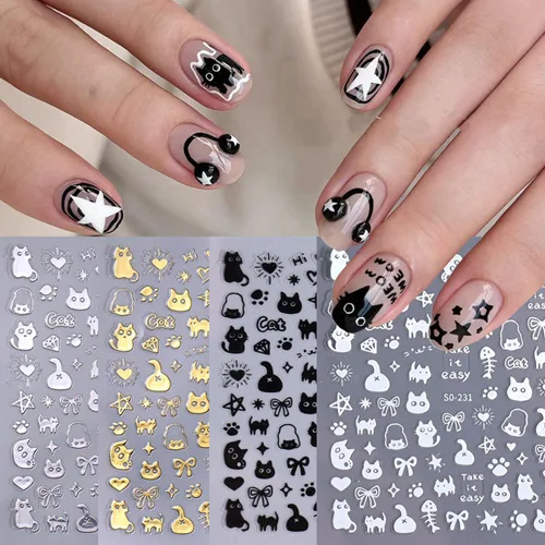 Miniatura 7 de Calcomanías de uñas de gato, 8 hojas de calcomanías autoadhesivas 3D con diseño de gato dorado, plateado, negro, blanco, para niños, niñas, mujeres
