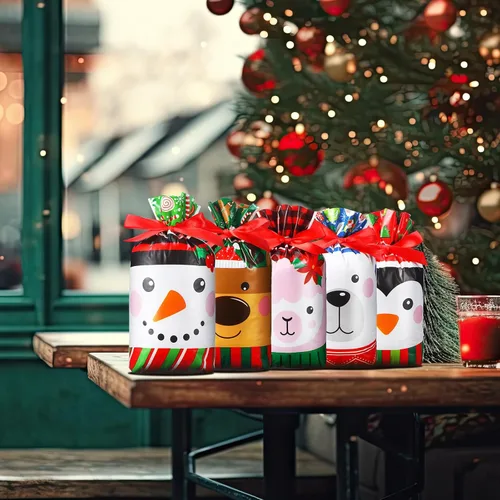 Miniatura 5 de Funrous 50 bolsas de dulces de Navidad a granel, bolsas de plástico con cordón de regalo, alce, muñeco de nieve, pingüino, bolsas de regalos