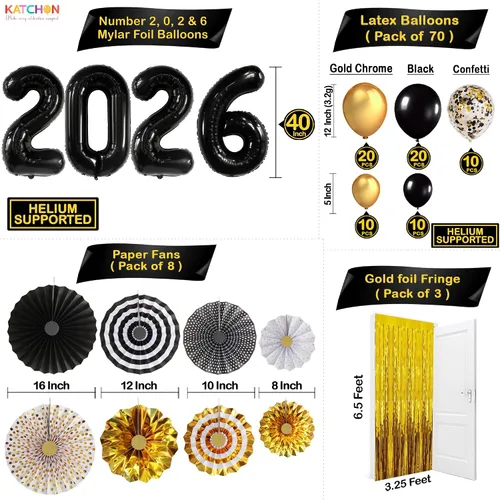 Miniatura 3 de KatchOn, Juego de decoraciones de Año Nuevo 2026 negro y dorado, paquete grande de 115 unidades, kit de arco de globos de Feliz Año Nuevo, globos