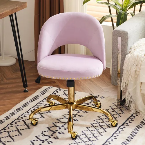 Miniatura 10 de VINGLI Silla de Oficina Pequeña de Terciopelo Moderna, Linda Silla de Escritorio con Ruedas, Base/Tachuelas Doradas, Cómoda Silla Giratoria sin Beige