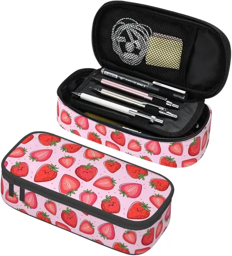 Miniatura 11 de Estuche para lápices con lunares rosados de fresa de gran capacidad, bolsa de papelería con cremallera, soporte portátil para bolígrafos