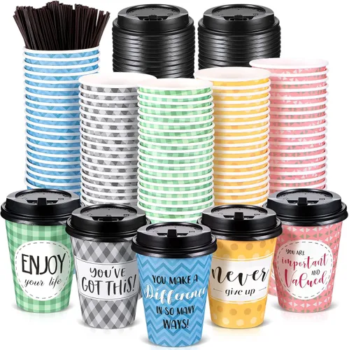 Miniatura 11 de Gerrii Paquete de 100 Tazas de Café Desechables con Tapas y Pajitas, Tazas de Papel Motivacionales con 6 Frases y Diseños, Tazas Calientes