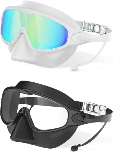 Miniatura 11 de Gafas de natación para adultos con cubierta de nariz para hombres y mujeres, paquete de 2 gafas de natación de visión amplia, antivaho, UV, sin