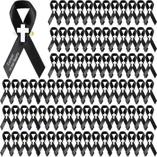 Geosar 100 cintas funerarias conmemorativas, pasadores de cruz, lazo de respeto conmemorativo con pasadores de seguridad y cruz para el día del Negro