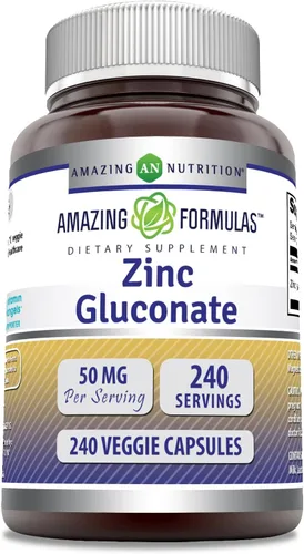 Amazing Formulas - Gluconato de zinc | 50 mg por porción | 240 cápsulas vegetarianas | Suplemento mineral | Sin OMG | Sin gluten | Fabricado en