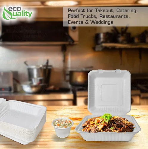 Miniatura 7 de Contenedor de comida cuadrado compostable con bisagras para llevar, 9 x 9 x 3 pulgadas, contenedores desechables de calidad resistente, con un solo