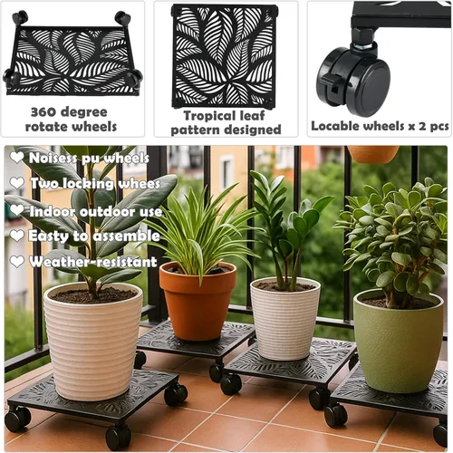 Miniatura 3 de Paquete de 1 carrito cuadrado de metal de 12 pulgadas con ruedas, soporte grande para plantas rodantes para interiores y exteriores, carrito