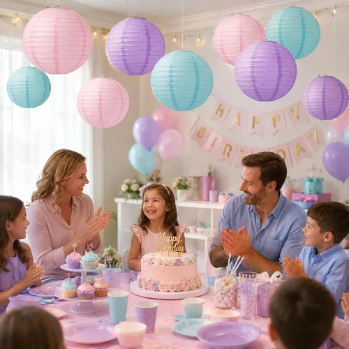 Miniatura 2 de Lámparas de papel para decoración de fiesta, lámparas colgantes redondas rosa, púrpura y azul para fiesta temática de sirena, cumpleaños de niñas