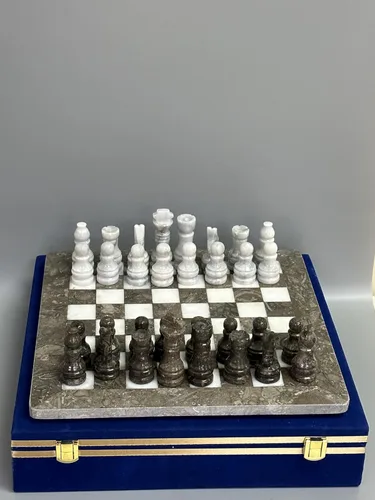 Miniatura 6 de Juego de ajedrez de mármol hecho a mano de 15 pulgadas con caja de regalo de terciopelo azul, tablero de ajedrez de piedra y piezas talladas