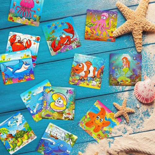 Miniatura 5 de Paquete de 12 rompecabezas de madera fáciles para niños de 4 a 8 años, animales marinos pequeños de verano para niños y niñas, rompecabezas de viaje