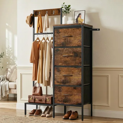 Miniatura 3 de Lewondr Cómoda con estante colgante y cajones de almacenamiento, 4 cajones con ganchos y estante, organizador de entrada rústico para accesorios