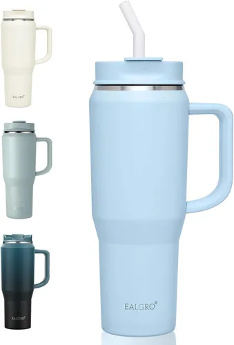 Miniatura 13 de EALGRO Botella de agua aislada de 40 onzas con popote y asa, frasco de agua deportivo de metal grande, taza de café de viaje de acero inoxidable