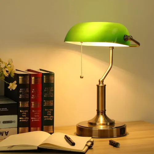 Miniatura 8 de LINNMON Bankers - Lámpara de escritorio verde con interruptor de cadena de tracción, lámpara retro con puertos de carga USB y tipo C, lámpara