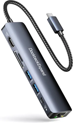 Miniatura 12 de Adaptador multipuerto USB C, DockteckExpand 7 en 1 tipo C Hub con HDMI 4K 60Hz, Ethernet de 1 Gbps, 100 W PD, 2 puertos USB 3.0, ranuras para 7 EN 1