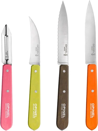 OPINEL Les Essentials - Juego de cuchillos de cocina pequeños de 4 piezas - Pelar, dentado, pelador, cuchillo de verduras, acero de alto carbono