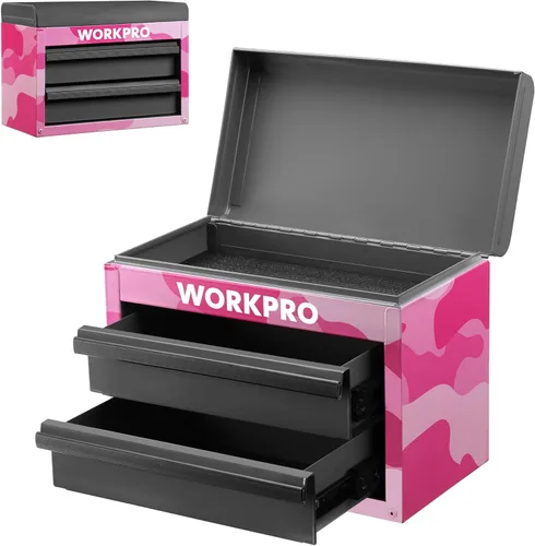 Miniatura 11 de WORKPRO Caja de herramientas mini de metal, cajonera superior con dos cajones con guías de rodamiento de bolas, forros de PVC para cajones y Azul