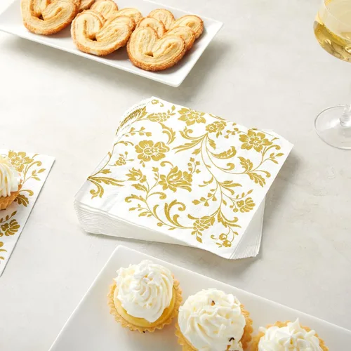 Miniatura 5 de BLUE PANDA Paquete de 100 servilletas desechables de papel floral blanco y dorado, 6.5 x 6.5 pulgadas, servilletas decorativas para recepción