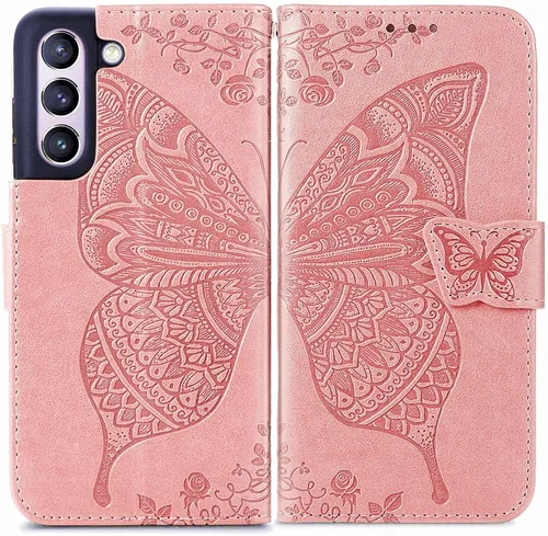 Funda para Samsung Galaxy S21 FE, Samsung S21 FE 5G, piel sintética de alta calidad con diseño de mariposa en relieve, función atril, ranuras para