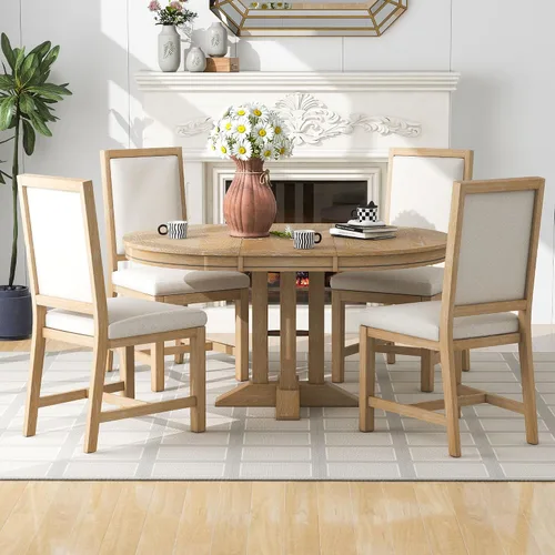 Miniatura 19 de Farmhouse - Juego de mesa de comedor de 5 piezas, mesa de comedor redonda extensible con 4 cómodas sillas tapizadas, juego de muebles funcionales