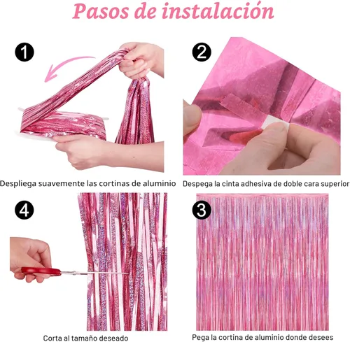 Miniatura 3 de Paquete de 2 fondos rosa brillante, 3.28 × 7.05 pies, cortinas de flecos láser metálicas, ideales como decoración de cumpleaños, fondo para fotos