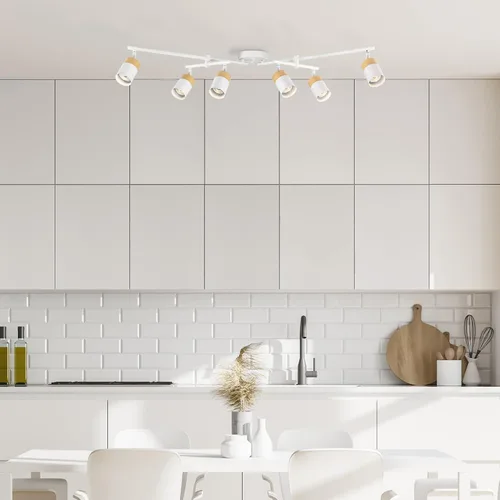 Miniatura 2 de Globe Electric 64000055 - Iluminación de riel de 6 luces de 42", barra central doble giratoria, color blanco mate, acentos en tono madera, luz